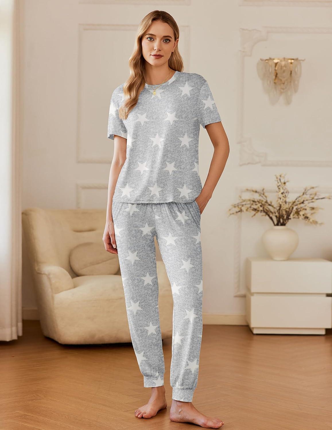 imageEkouaer Pajamas for Women Set 2 Pack Lounge Set Short Sleeve Pjs Joggers Long Pants Loungepwear with PocketsLight Gray Stardark Gray