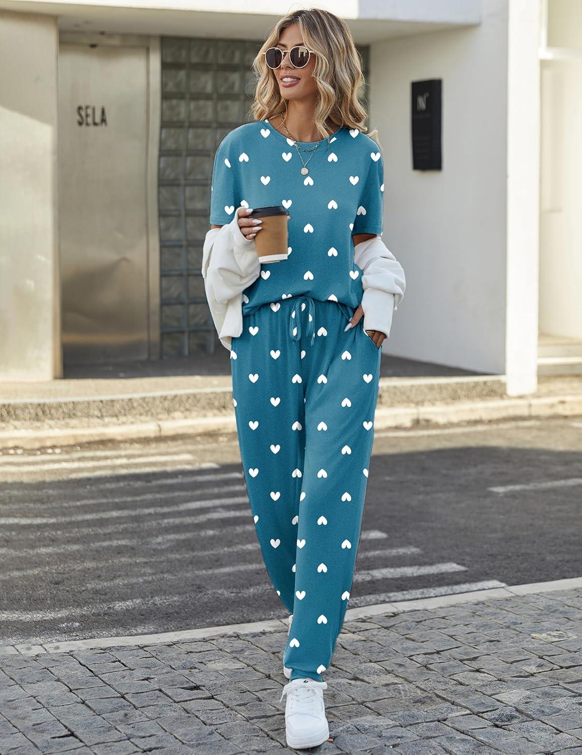 imageEkouaer Pajamas for Women Set 2 Pack Lounge Set Short Sleeve Pjs Joggers Long Pants Loungepwear with PocketsPink Heartgreen Heart