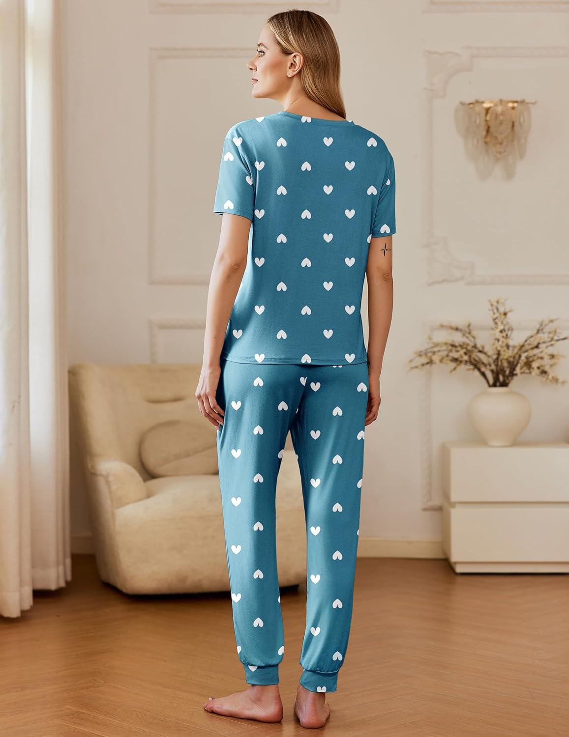 imageEkouaer Pajamas for Women Set 2 Pack Lounge Set Short Sleeve Pjs Joggers Long Pants Loungepwear with PocketsPink Heartgreen Heart