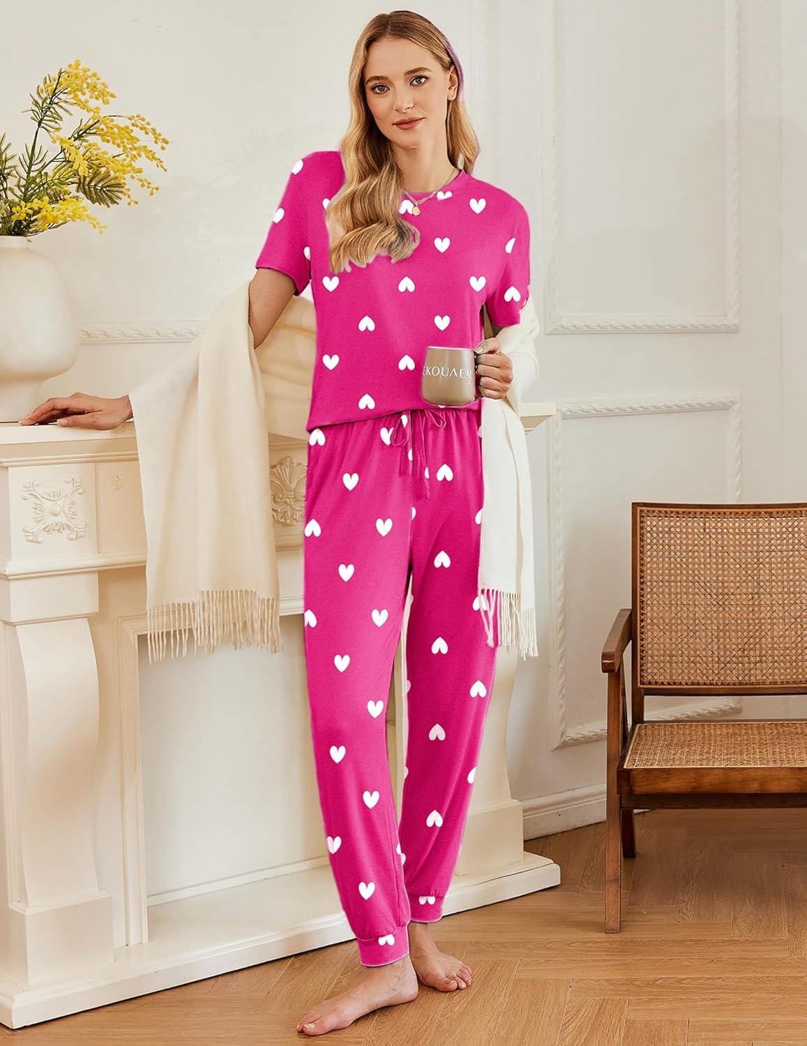imageEkouaer Pajamas for Women Set 2 Pack Lounge Set Short Sleeve Pjs Joggers Long Pants Loungepwear with PocketsPink Heartgreen Heart