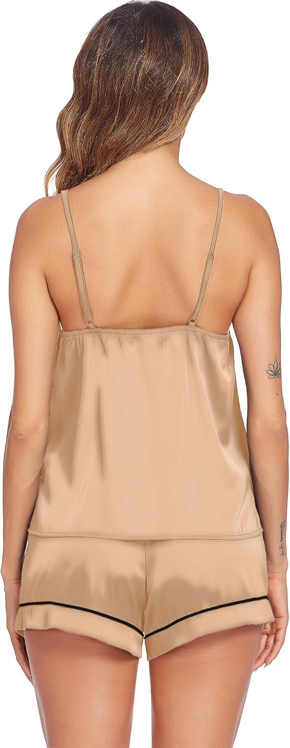 imageEkouaer Pajamas for Women Set Silk Satin Pjs Sexy Lingerie Sleepwear Cami Shorts Set Summer Nightwear SXXLBeige