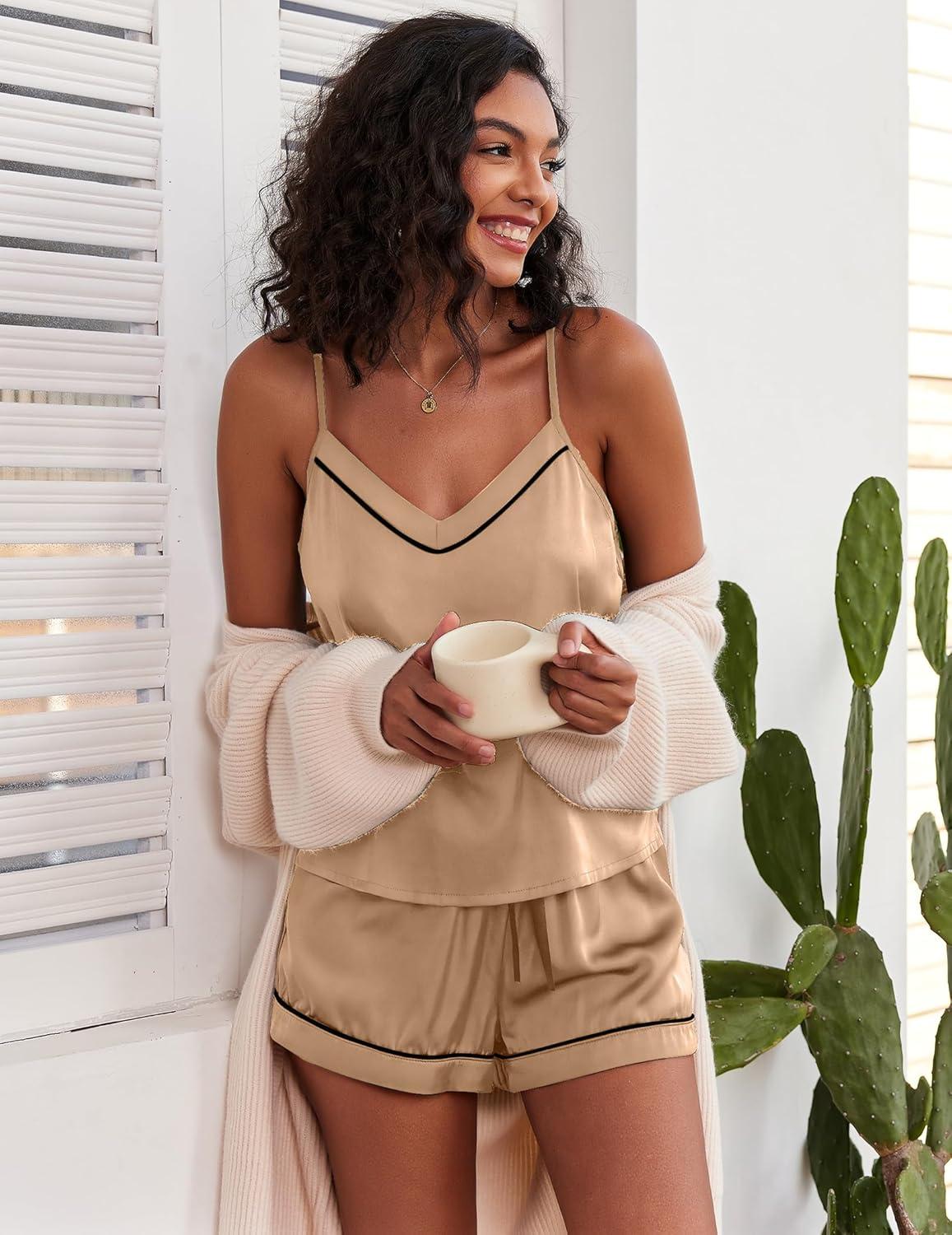 imageEkouaer Pajamas for Women Set Silk Satin Pjs Sexy Lingerie Sleepwear Cami Shorts Set Summer Nightwear SXXLBeige