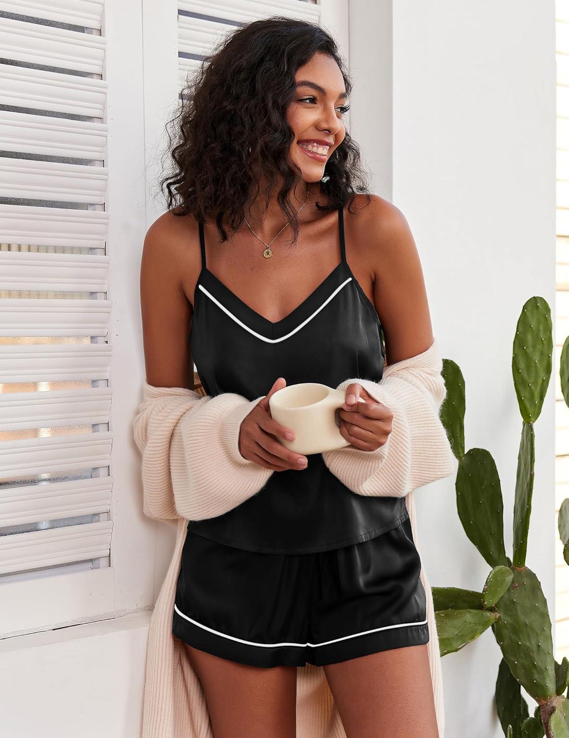 imageEkouaer Pajamas for Women Set Silk Satin Pjs Sexy Lingerie Sleepwear Cami Shorts Set Summer Nightwear SXXLBlack