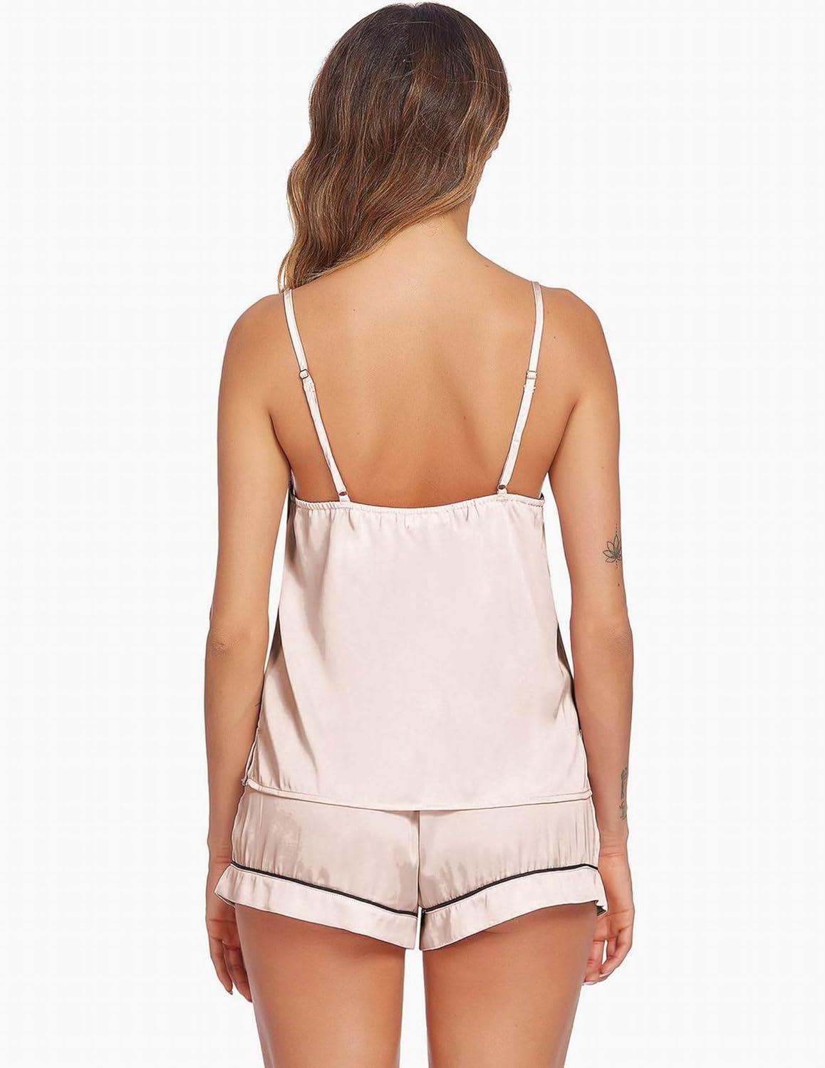 imageEkouaer Pajamas for Women Set Silk Satin Pjs Sexy Lingerie Sleepwear Cami Shorts Set Summer Nightwear SXXLChampagne
