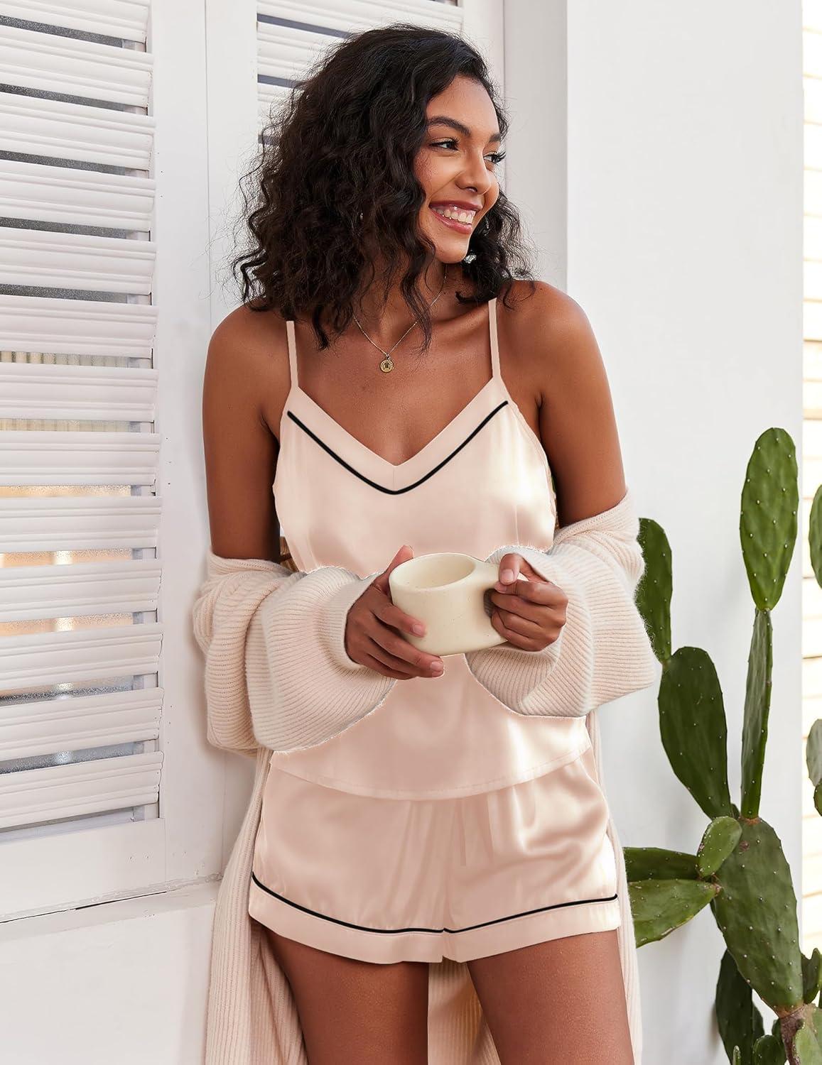 imageEkouaer Pajamas for Women Set Silk Satin Pjs Sexy Lingerie Sleepwear Cami Shorts Set Summer Nightwear SXXLChampagne