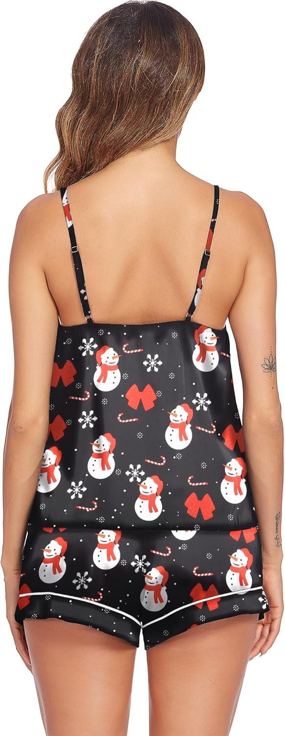 imageEkouaer Pajamas for Women Set Silk Satin Pjs Sexy Lingerie Sleepwear Cami Shorts Set Summer Nightwear SXXLChristmas Pattern