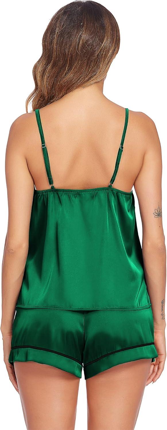 imageEkouaer Pajamas for Women Set Silk Satin Pjs Sexy Lingerie Sleepwear Cami Shorts Set Summer Nightwear SXXLDark Green
