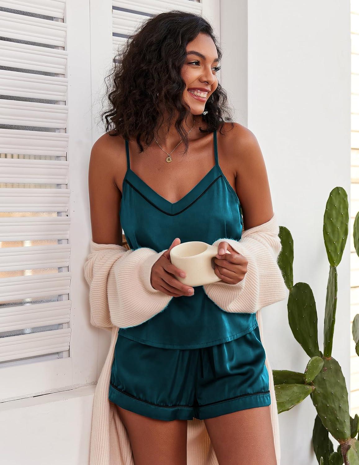 imageEkouaer Pajamas for Women Set Silk Satin Pjs Sexy Lingerie Sleepwear Cami Shorts Set Summer Nightwear SXXLGreen