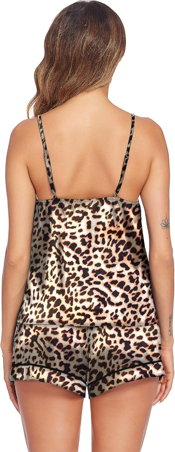 imageEkouaer Pajamas for Women Set Silk Satin Pjs Sexy Lingerie Sleepwear Cami Shorts Set Summer Nightwear SXXLLeopard