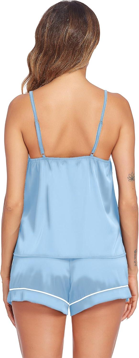 imageEkouaer Pajamas for Women Set Silk Satin Pjs Sexy Lingerie Sleepwear Cami Shorts Set Summer Nightwear SXXLLight Blue