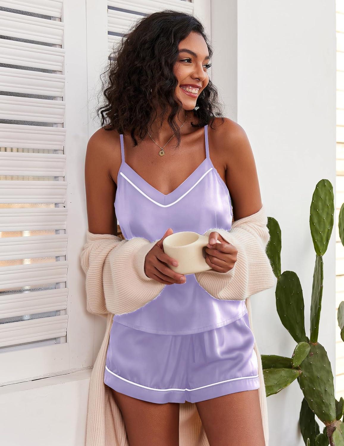 imageEkouaer Pajamas for Women Set Silk Satin Pjs Sexy Lingerie Sleepwear Cami Shorts Set Summer Nightwear SXXLLilac