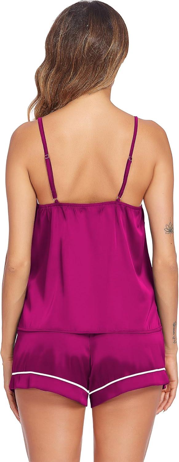 imageEkouaer Pajamas for Women Set Silk Satin Pjs Sexy Lingerie Sleepwear Cami Shorts Set Summer Nightwear SXXLRose Red