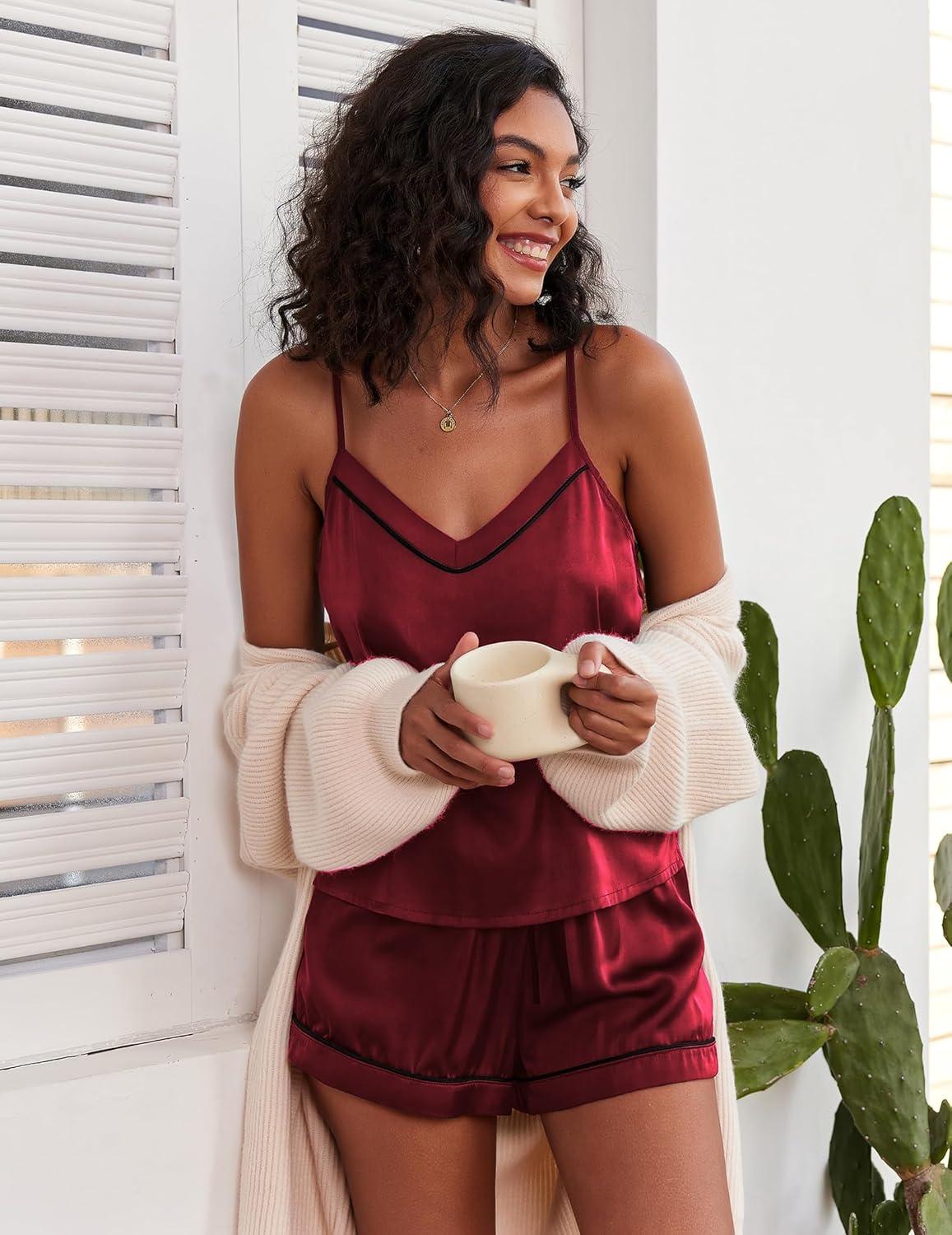 imageEkouaer Pajamas for Women Set Silk Satin Pjs Sexy Lingerie Sleepwear Cami Shorts Set Summer Nightwear SXXLWine