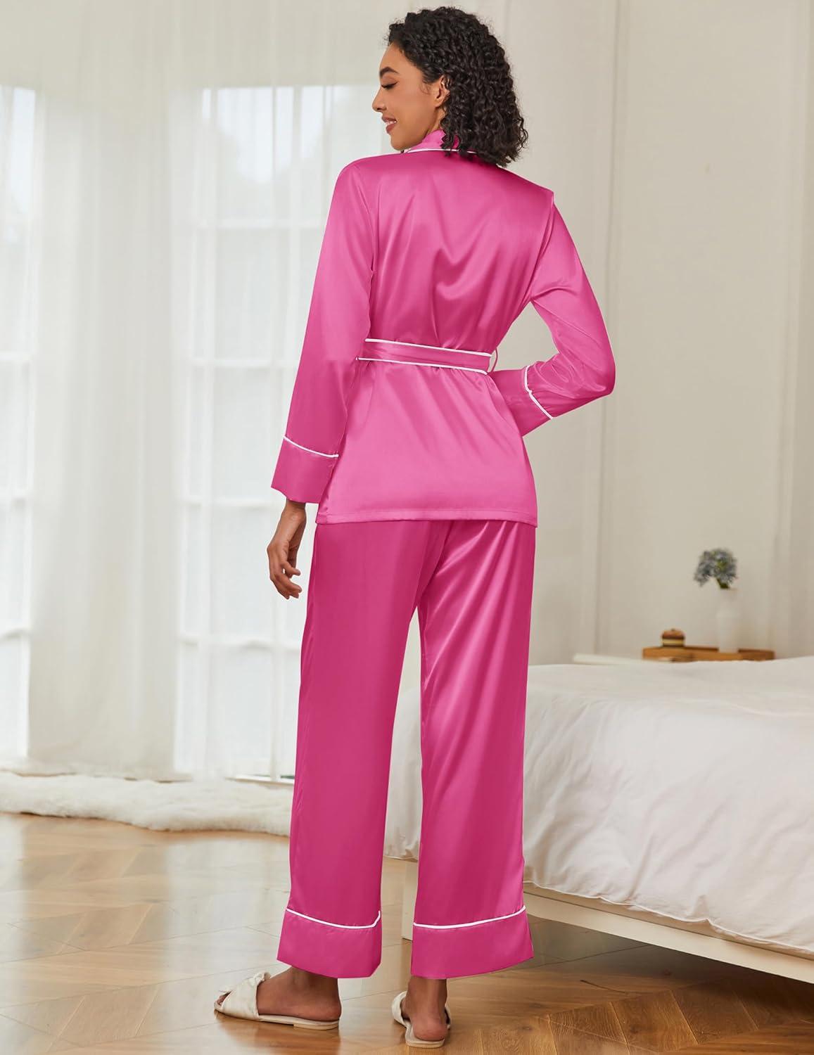 imageEkouaer Satin Lounge Sets for Women 2 Pieces Silk Pajamas Set Long Sleeve Top with Pants Outfits with BeltRose Red
