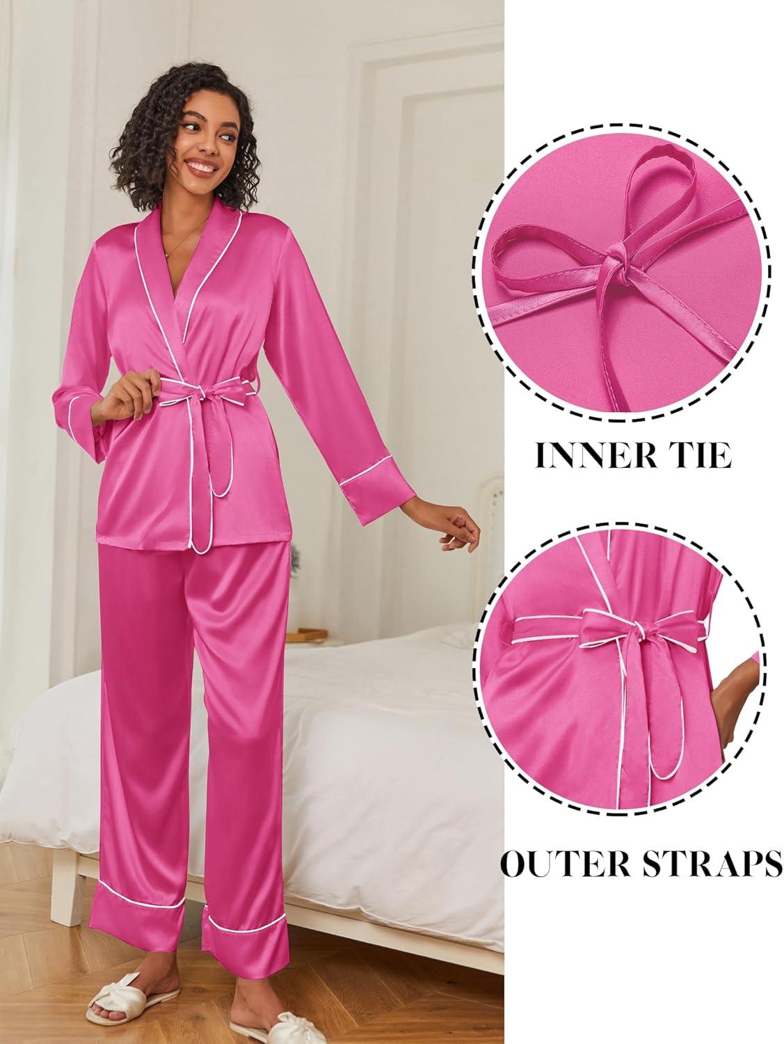 imageEkouaer Satin Lounge Sets for Women 2 Pieces Silk Pajamas Set Long Sleeve Top with Pants Outfits with BeltRose Red