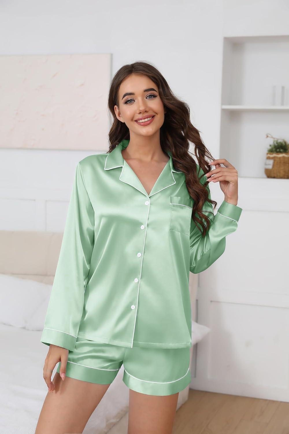 imageEkouaer Satin Pajama Set for Women Button Down Pj Set Long Sleeve Top and Shorts 2 Piece Loungewear Summer Soft SleepwearAqua Green