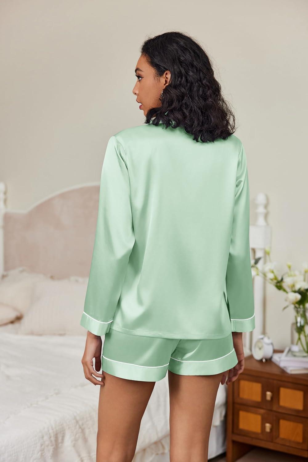 imageEkouaer Satin Pajama Set for Women Button Down Pj Set Long Sleeve Top and Shorts 2 Piece Loungewear Summer Soft SleepwearAqua Green