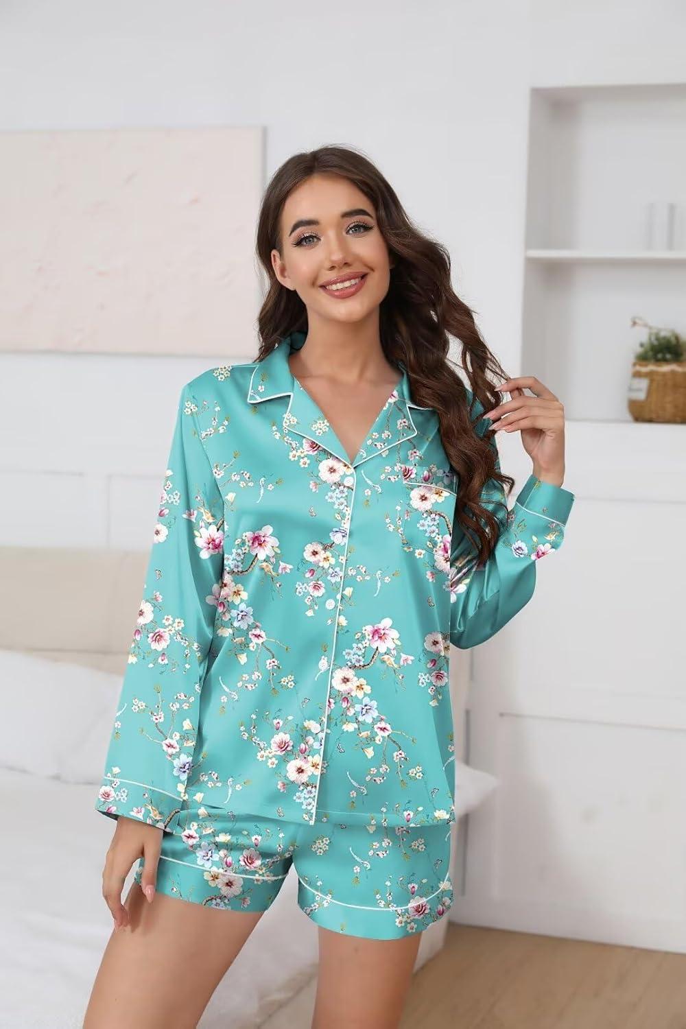 imageEkouaer Satin Pajama Set for Women Button Down Pj Set Long Sleeve Top and Shorts 2 Piece Loungewear Summer Soft SleepwearBlue Flowers