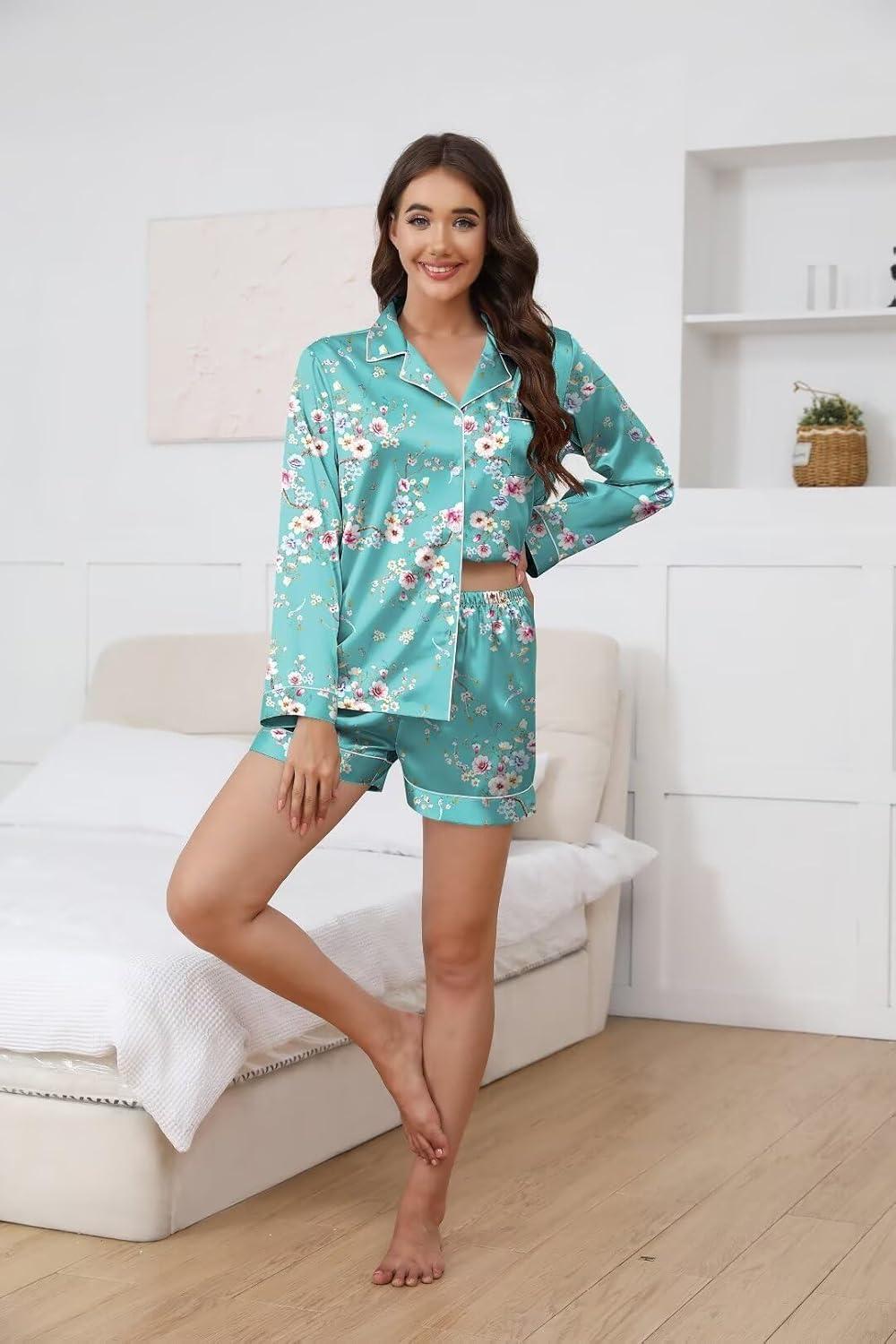 imageEkouaer Satin Pajama Set for Women Button Down Pj Set Long Sleeve Top and Shorts 2 Piece Loungewear Summer Soft SleepwearBlue Flowers