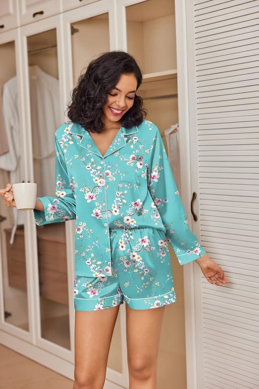 imageEkouaer Satin Pajama Set for Women Button Down Pj Set Long Sleeve Top and Shorts 2 Piece Loungewear Summer Soft SleepwearBlue Flowers