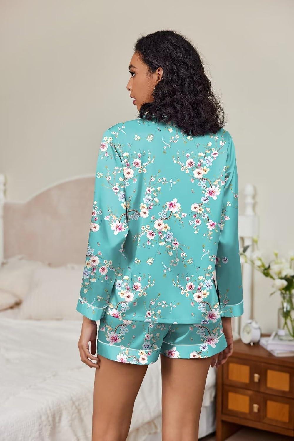 imageEkouaer Satin Pajama Set for Women Button Down Pj Set Long Sleeve Top and Shorts 2 Piece Loungewear Summer Soft SleepwearBlue Flowers