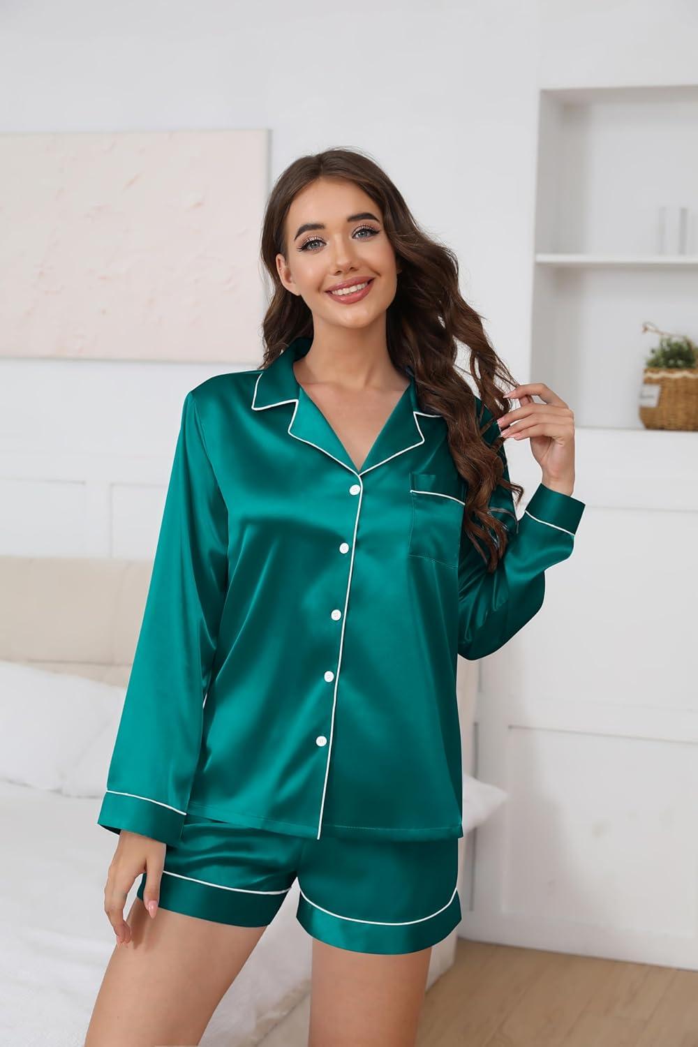 imageEkouaer Satin Pajama Set for Women Button Down Pj Set Long Sleeve Top and Shorts 2 Piece Loungewear Summer Soft SleepwearBlue Green