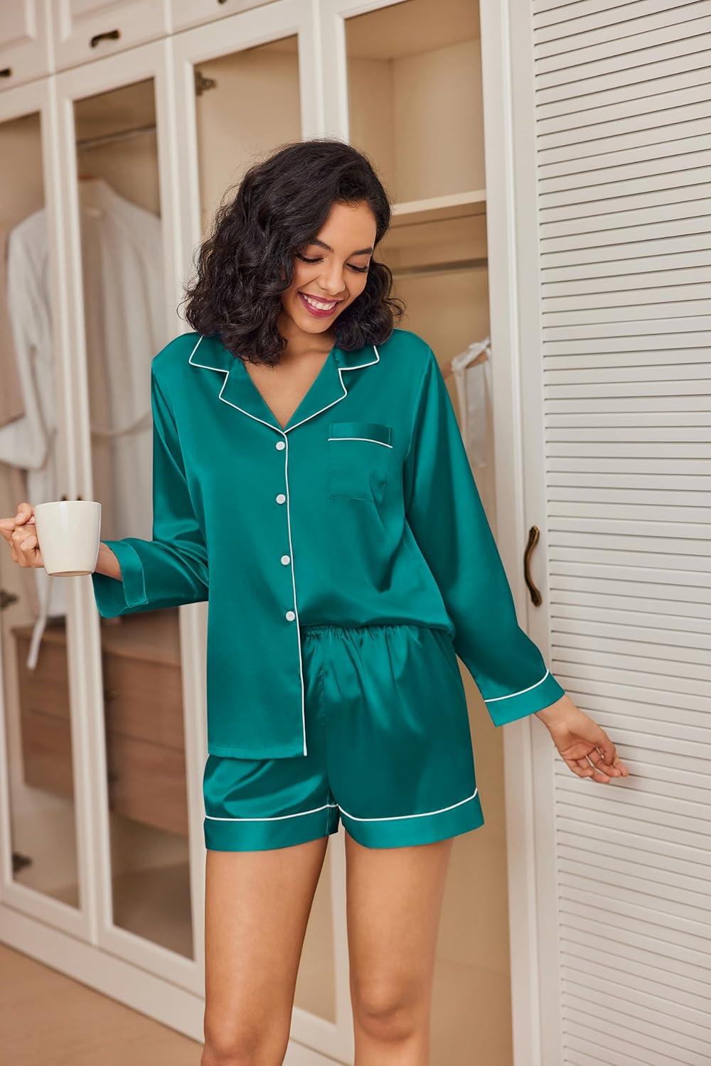 imageEkouaer Satin Pajama Set for Women Button Down Pj Set Long Sleeve Top and Shorts 2 Piece Loungewear Summer Soft SleepwearBlue Green