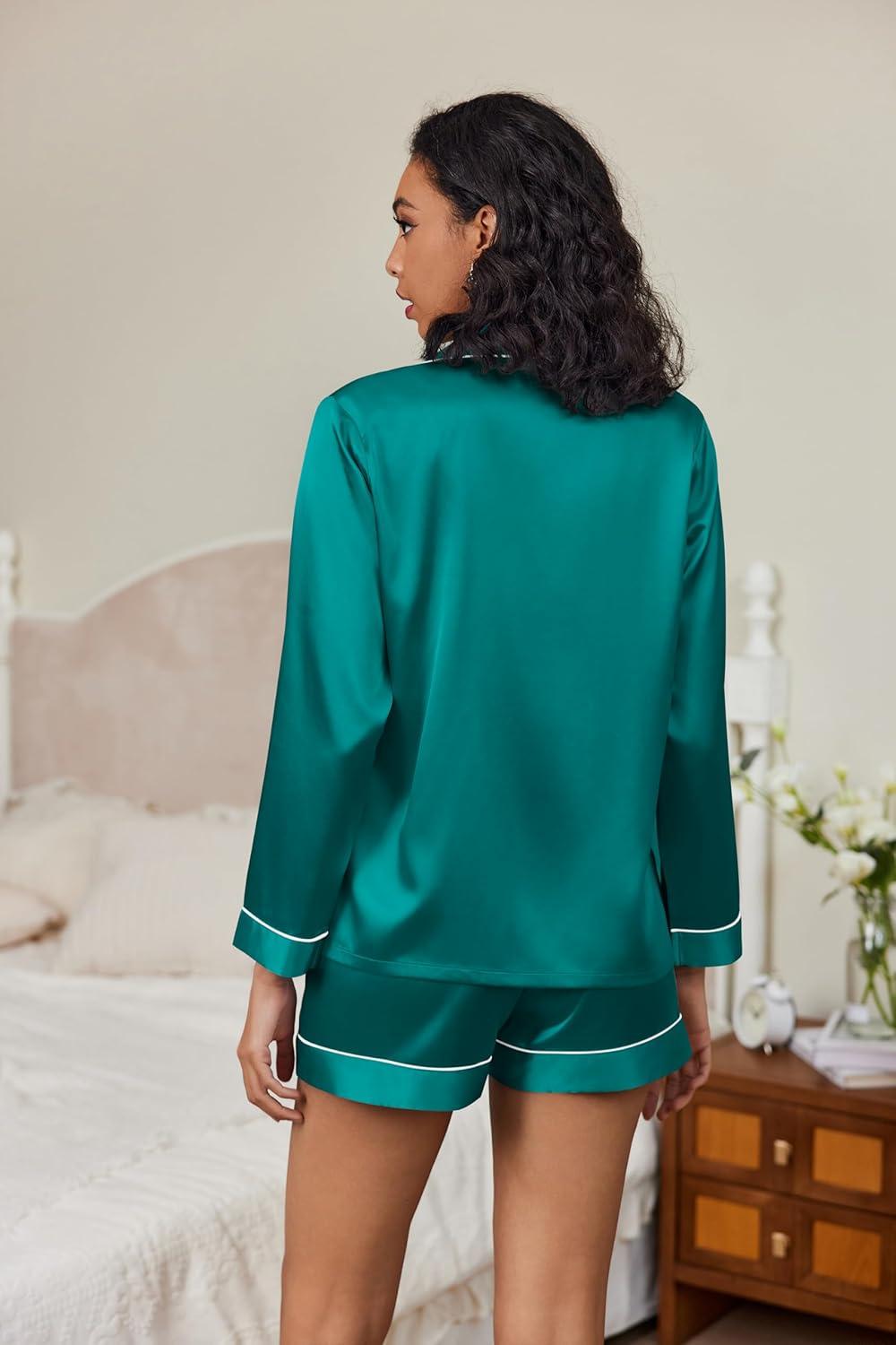 imageEkouaer Satin Pajama Set for Women Button Down Pj Set Long Sleeve Top and Shorts 2 Piece Loungewear Summer Soft SleepwearBlue Green