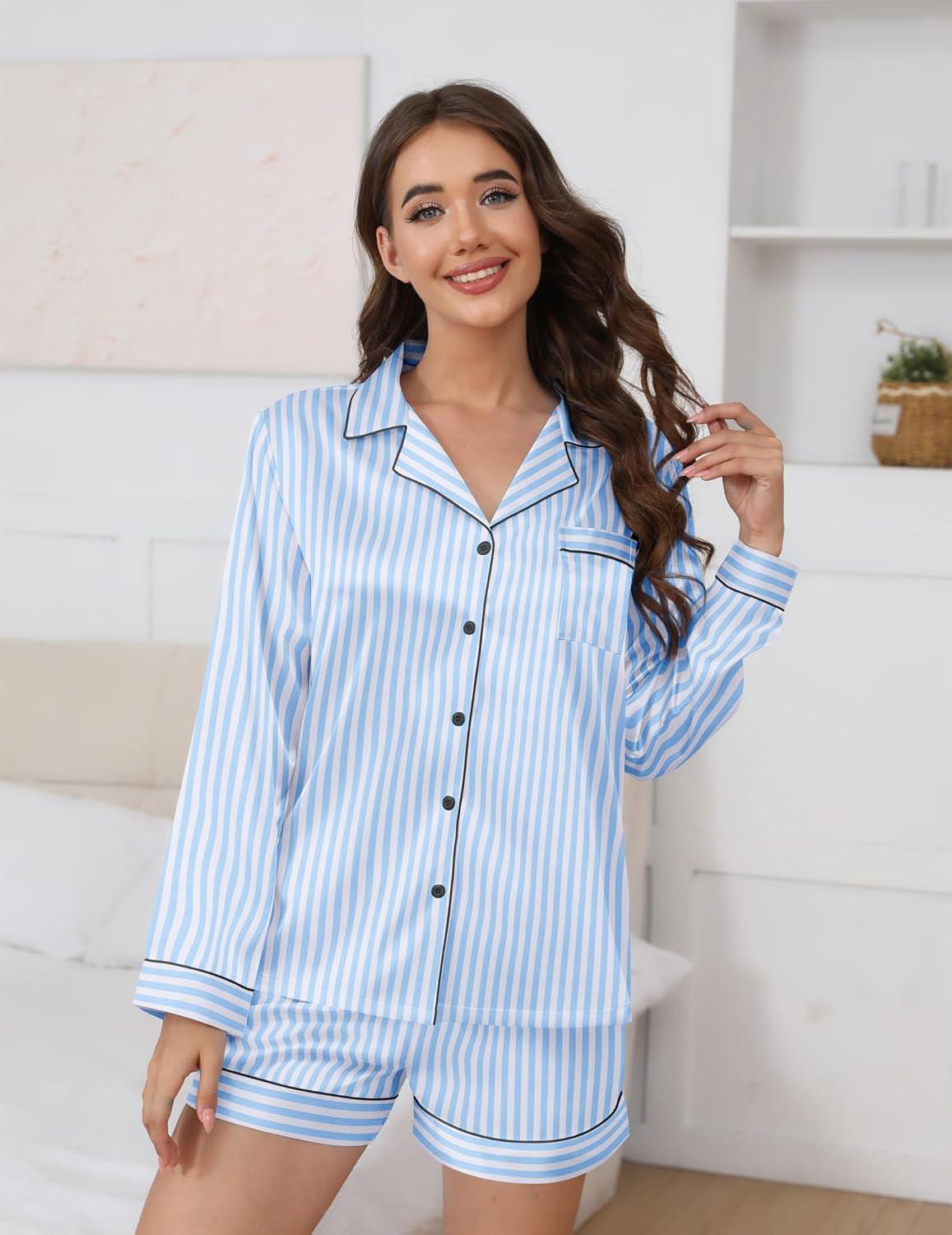 imageEkouaer Satin Pajama Set for Women Button Down Pj Set Long Sleeve Top and Shorts 2 Piece Loungewear Summer Soft SleepwearBlue Stripe