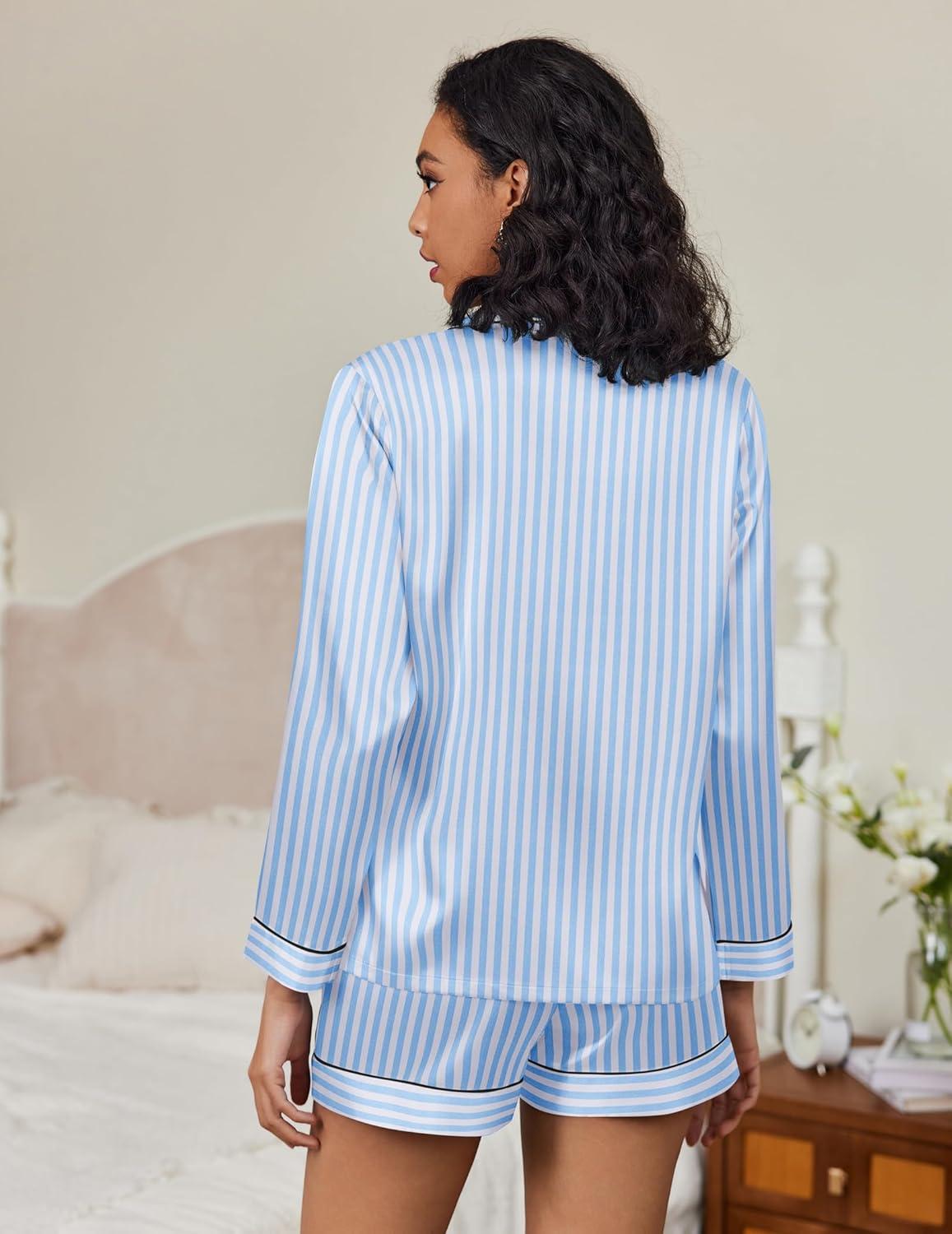 imageEkouaer Satin Pajama Set for Women Button Down Pj Set Long Sleeve Top and Shorts 2 Piece Loungewear Summer Soft SleepwearBlue Stripe