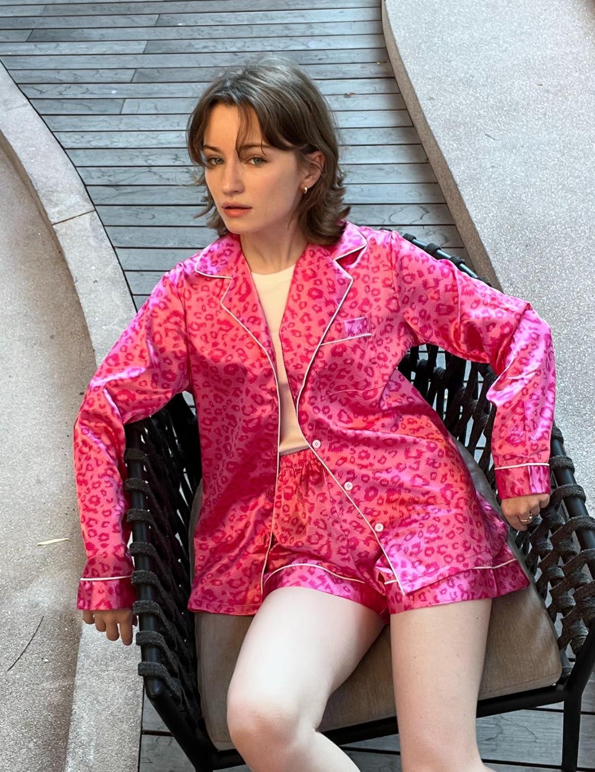 imageEkouaer Satin Pajama Set for Women Button Down Pj Set Long Sleeve Top and Shorts 2 Piece Loungewear Summer Soft SleepwearHot Pink
