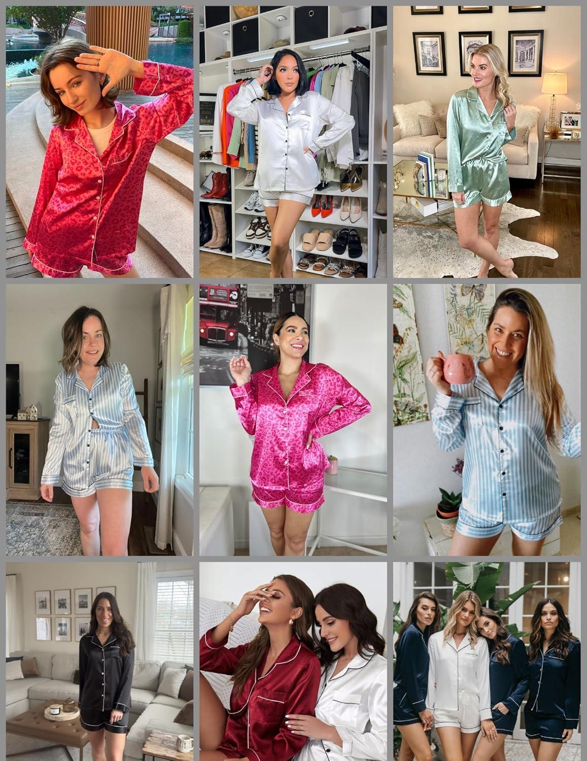 imageEkouaer Satin Pajama Set for Women Button Down Pj Set Long Sleeve Top and Shorts 2 Piece Loungewear Summer Soft SleepwearHot Pink