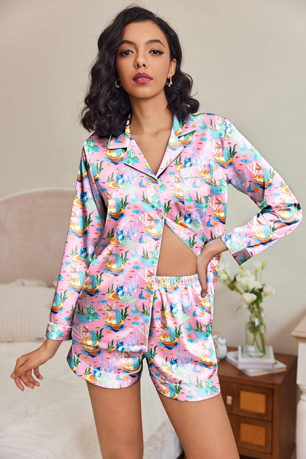 imageEkouaer Satin Pajama Set for Women Button Down Pj Set Long Sleeve Top and Shorts 2 Piece Loungewear Summer Soft SleepwearOcean Cats