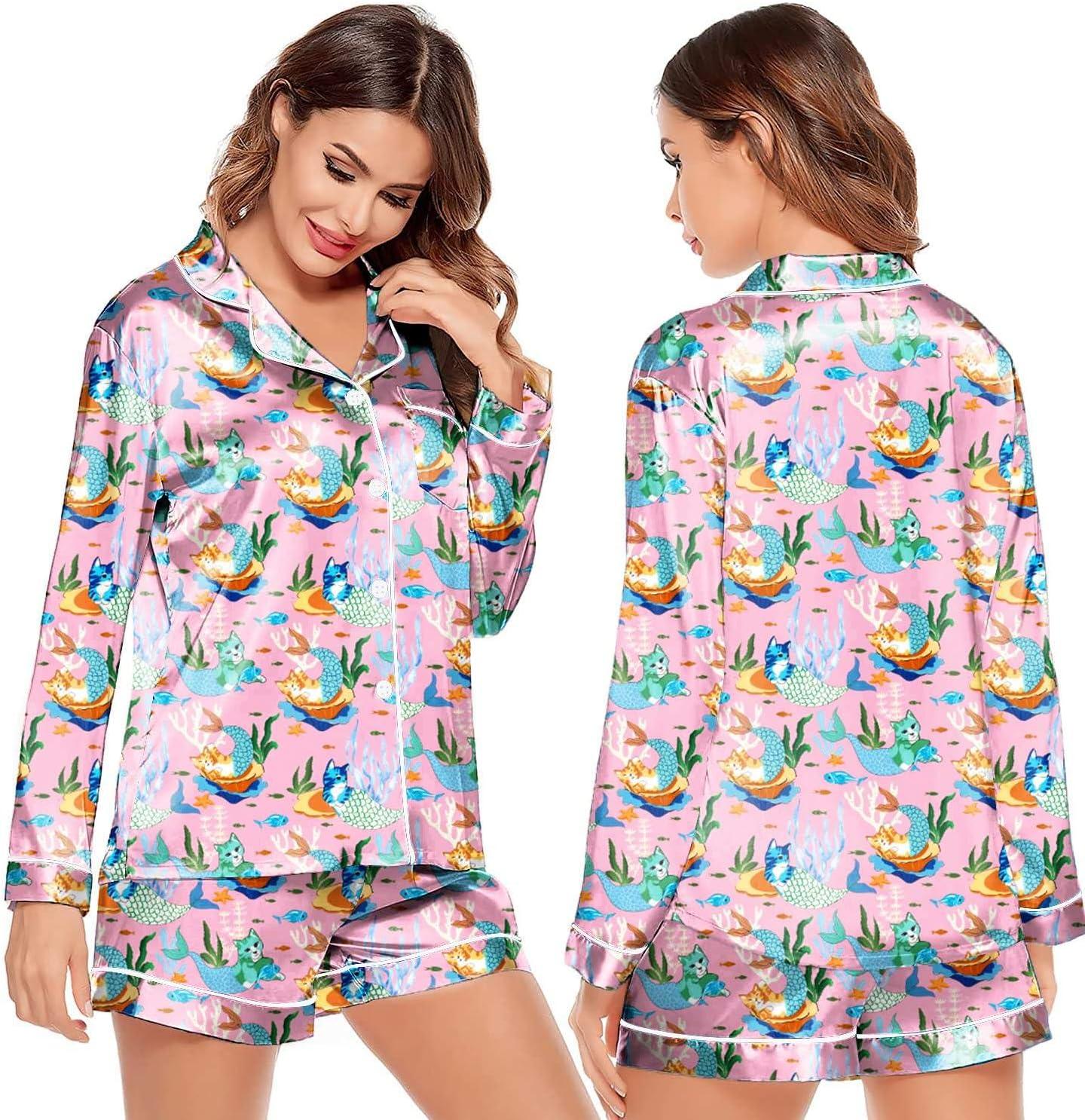 imageEkouaer Satin Pajama Set for Women Button Down Pj Set Long Sleeve Top and Shorts 2 Piece Loungewear Summer Soft SleepwearOcean Cats