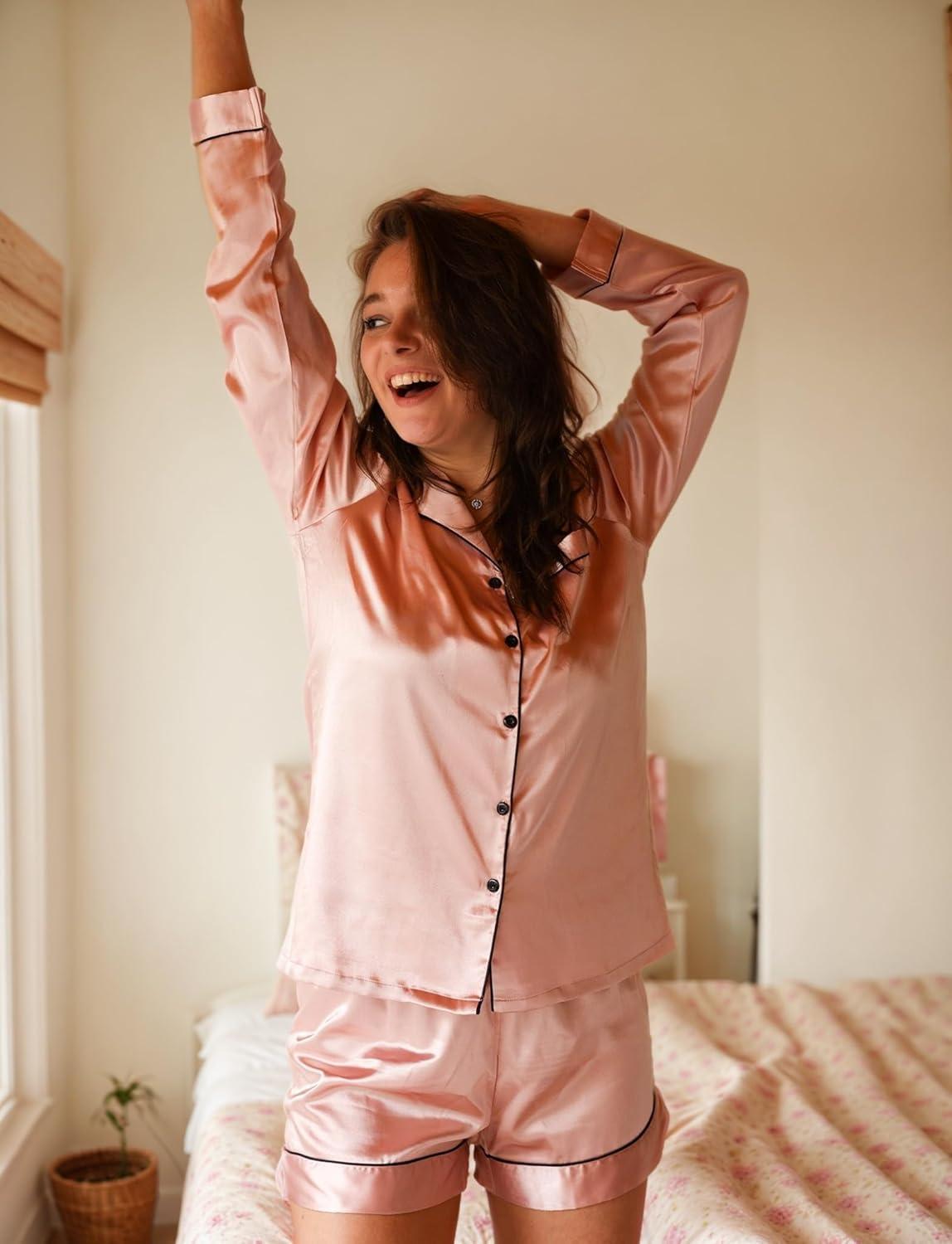 imageEkouaer Satin Pajama Set for Women Button Down Pj Set Long Sleeve Top and Shorts 2 Piece Loungewear Summer Soft SleepwearPink