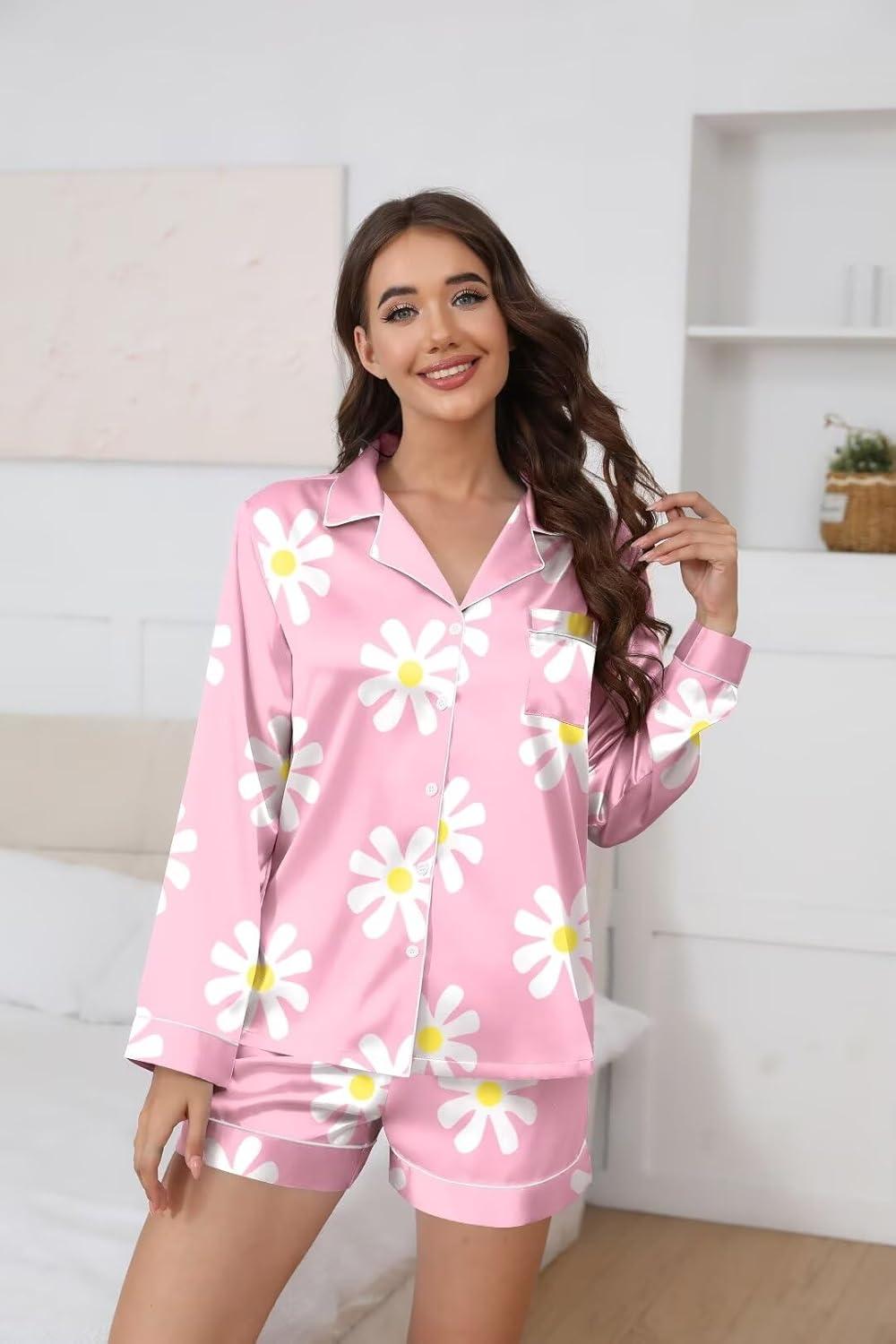 imageEkouaer Satin Pajama Set for Women Button Down Pj Set Long Sleeve Top and Shorts 2 Piece Loungewear Summer Soft SleepwearPink Flowers