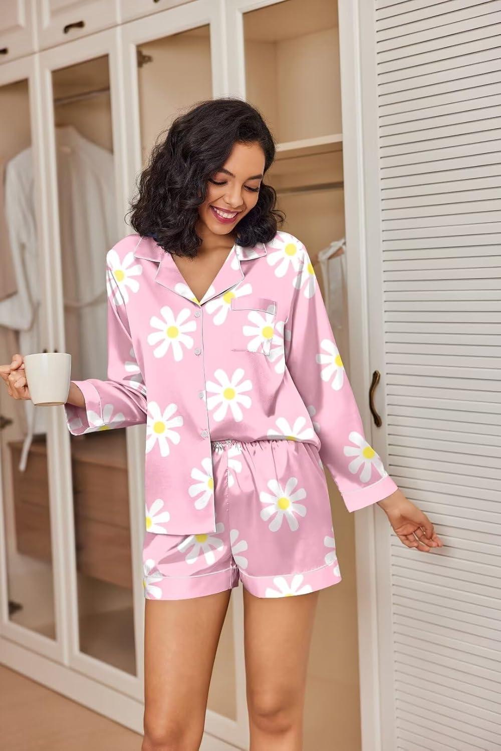 imageEkouaer Satin Pajama Set for Women Button Down Pj Set Long Sleeve Top and Shorts 2 Piece Loungewear Summer Soft SleepwearPink Flowers