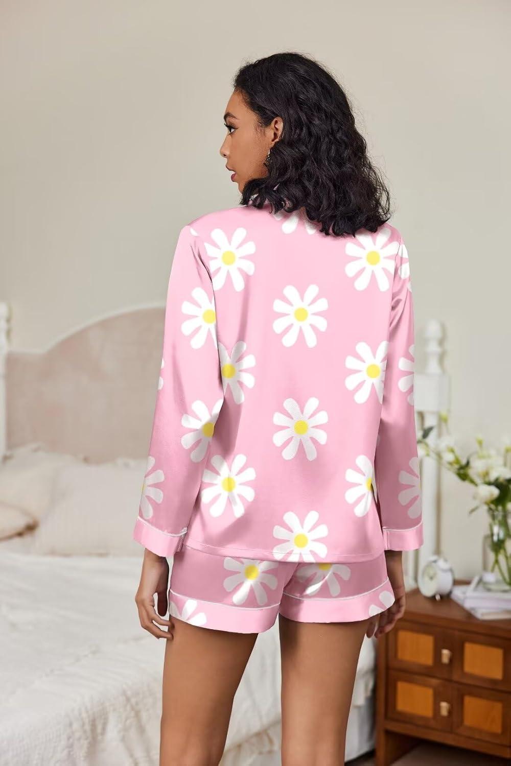 imageEkouaer Satin Pajama Set for Women Button Down Pj Set Long Sleeve Top and Shorts 2 Piece Loungewear Summer Soft SleepwearPink Flowers