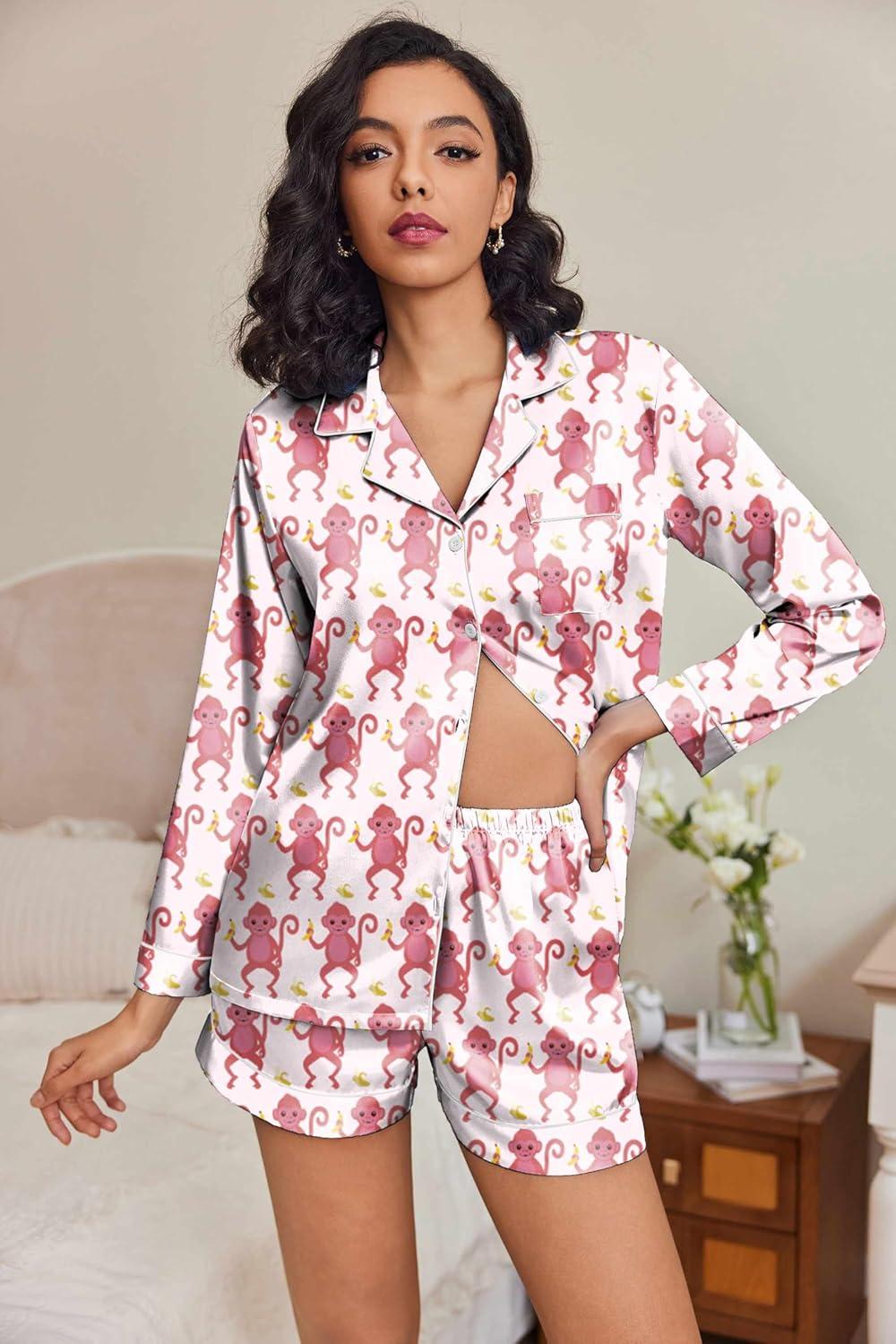 imageEkouaer Satin Pajama Set for Women Button Down Pj Set Long Sleeve Top and Shorts 2 Piece Loungewear Summer Soft SleepwearPink Monkey