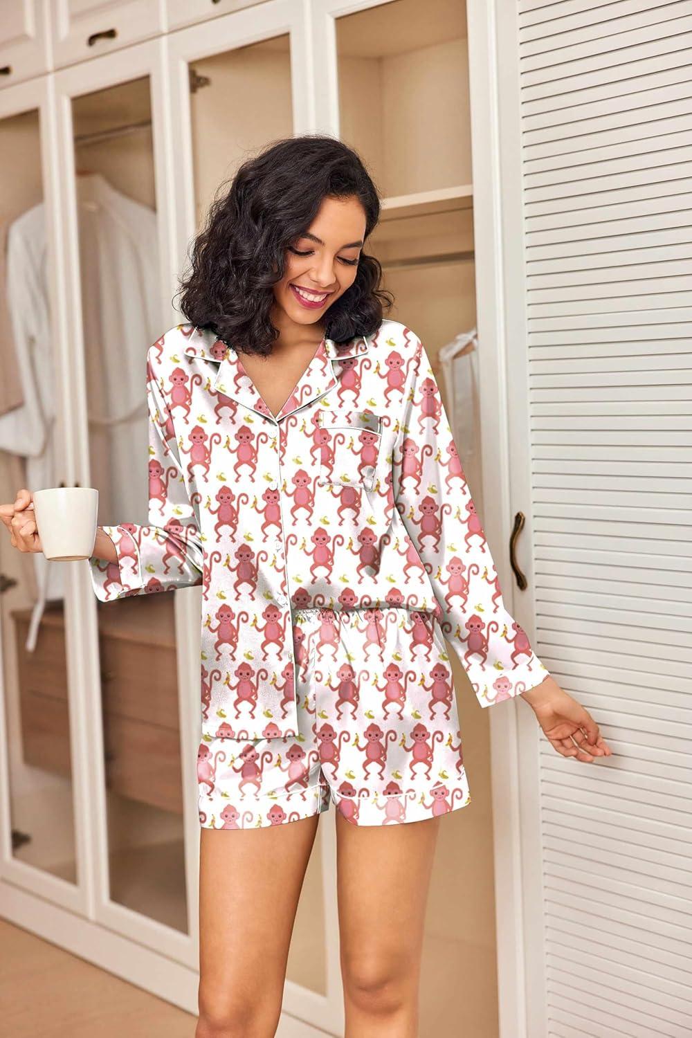 imageEkouaer Satin Pajama Set for Women Button Down Pj Set Long Sleeve Top and Shorts 2 Piece Loungewear Summer Soft SleepwearPink Monkey