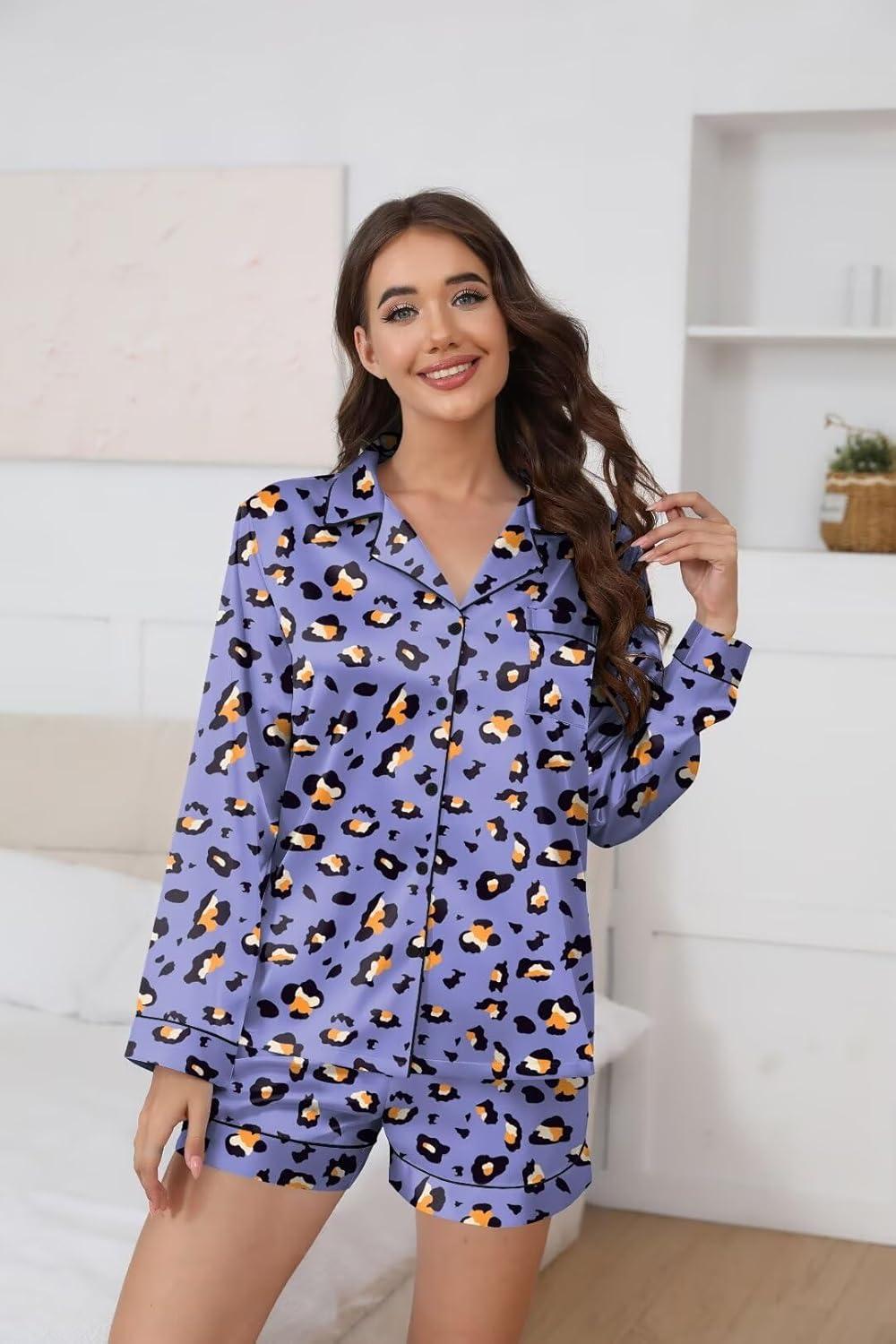 imageEkouaer Satin Pajama Set for Women Button Down Pj Set Long Sleeve Top and Shorts 2 Piece Loungewear Summer Soft SleepwearPurple Leopard Print