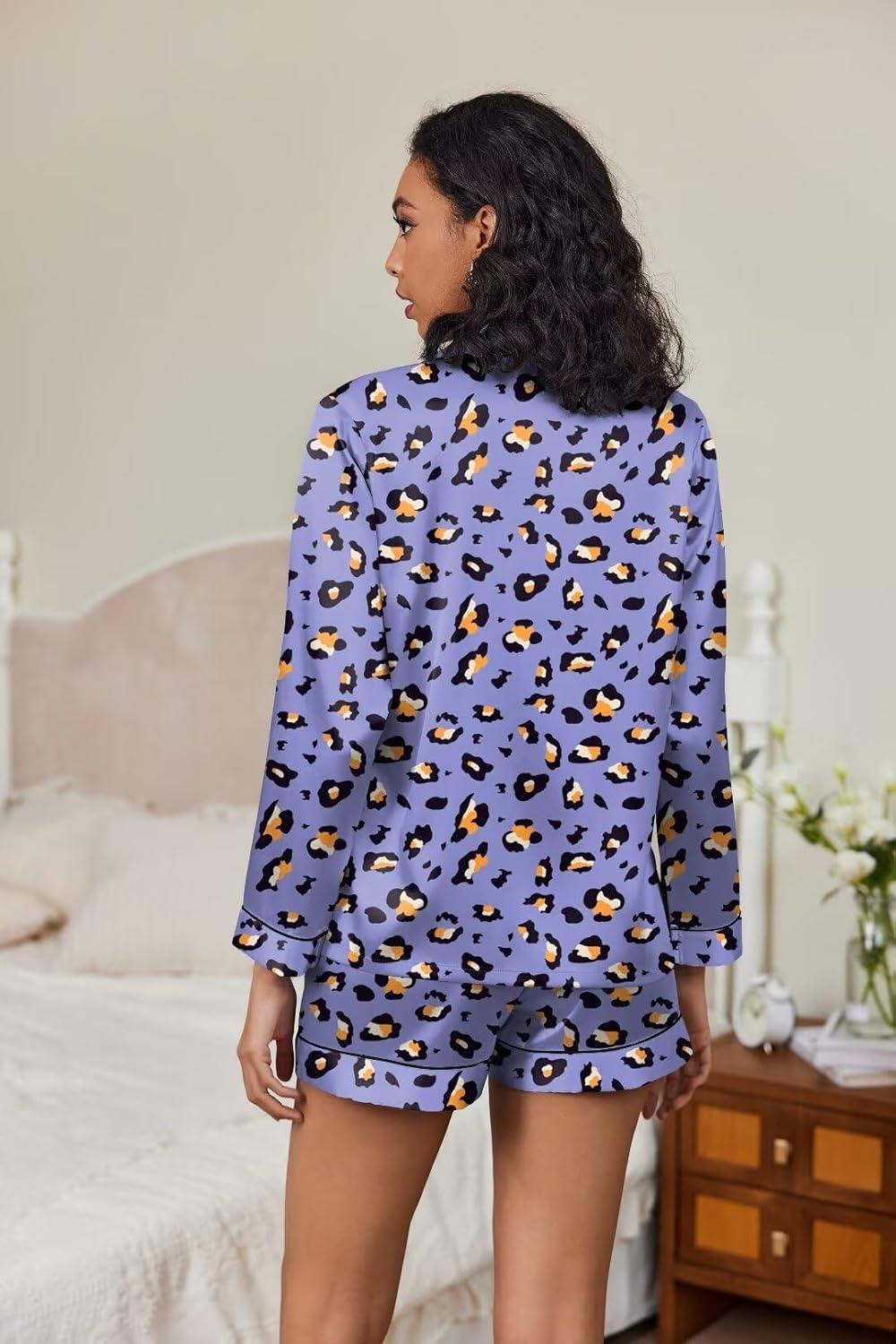 imageEkouaer Satin Pajama Set for Women Button Down Pj Set Long Sleeve Top and Shorts 2 Piece Loungewear Summer Soft SleepwearPurple Leopard Print