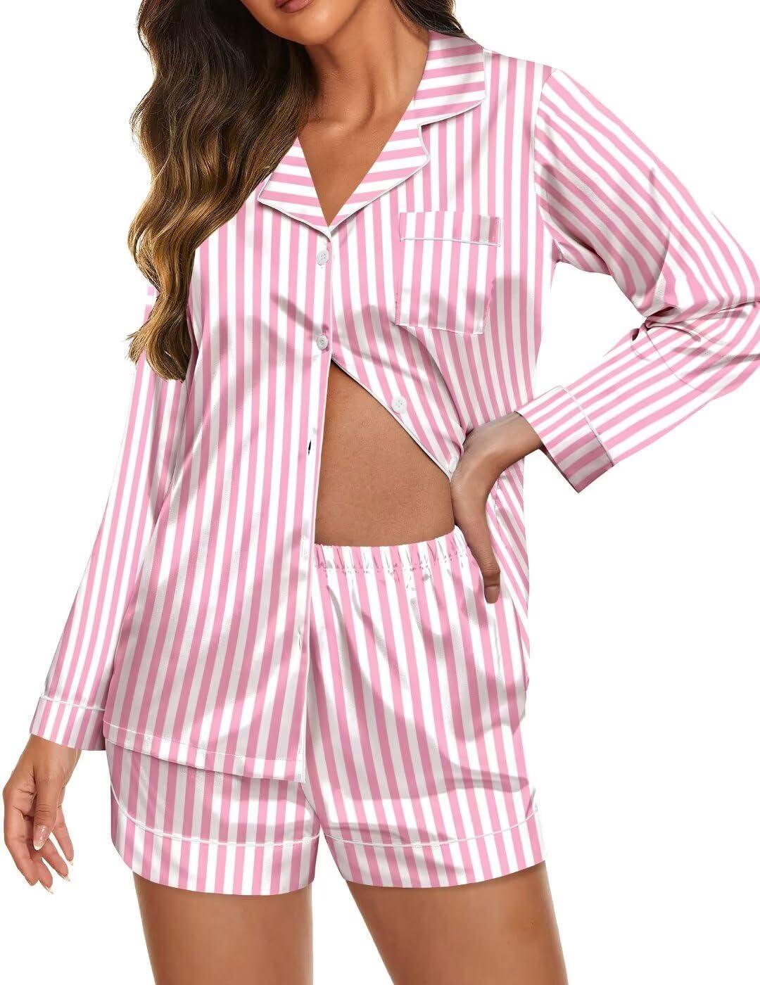 imageEkouaer Satin Pajama Set for Women Button Down Pj Set Long Sleeve Top and Shorts 2 Piece Loungewear Summer Soft SleepwearRed Stripes