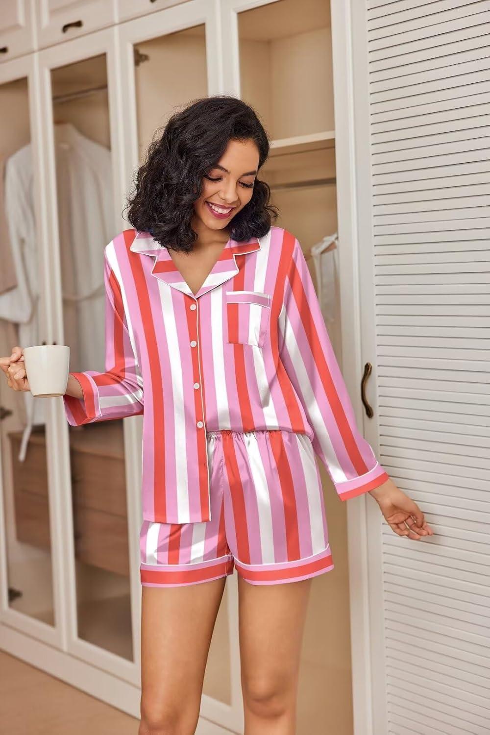 imageEkouaer Satin Pajama Set for Women Button Down Pj Set Long Sleeve Top and Shorts 2 Piece Loungewear Summer Soft SleepwearRed Stripes