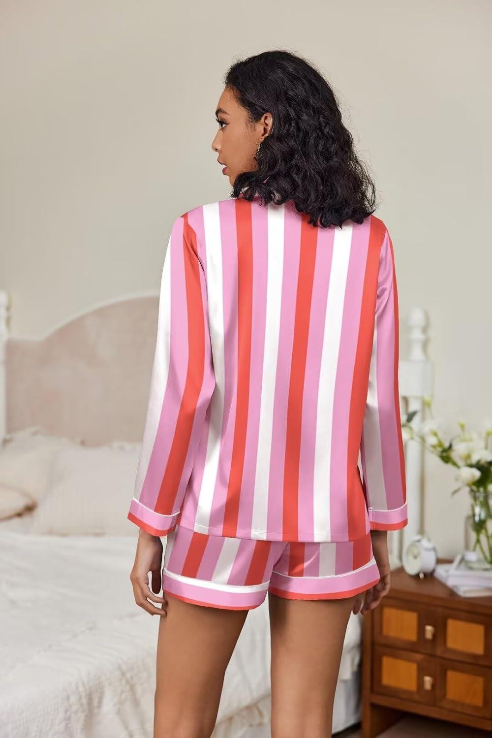 imageEkouaer Satin Pajama Set for Women Button Down Pj Set Long Sleeve Top and Shorts 2 Piece Loungewear Summer Soft SleepwearRed Stripes