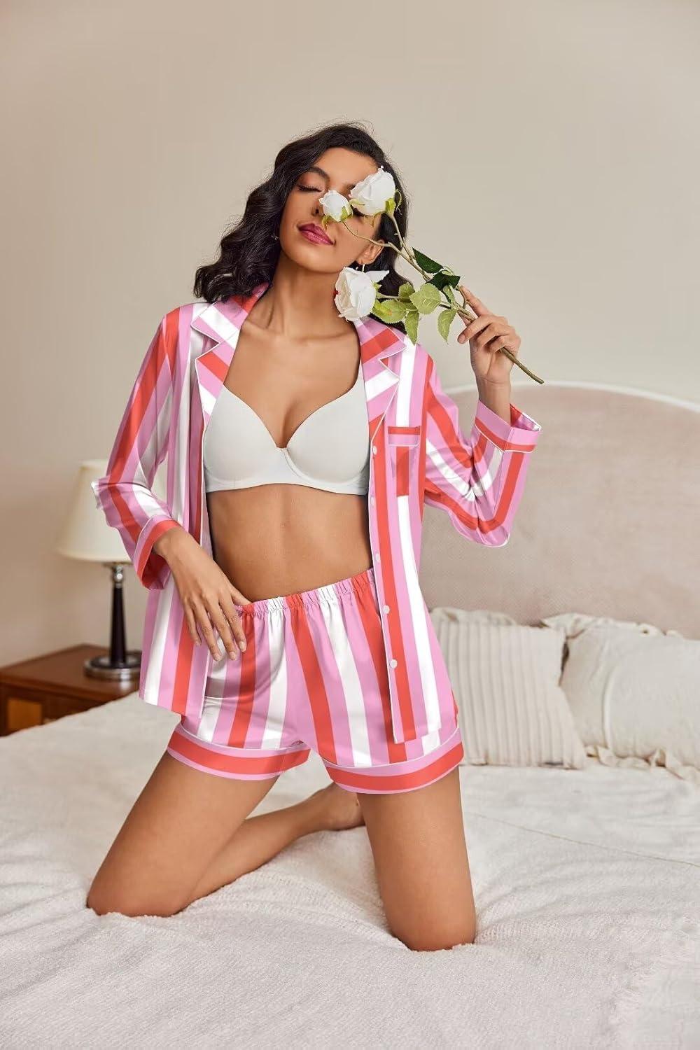 imageEkouaer Satin Pajama Set for Women Button Down Pj Set Long Sleeve Top and Shorts 2 Piece Loungewear Summer Soft SleepwearRed Stripes
