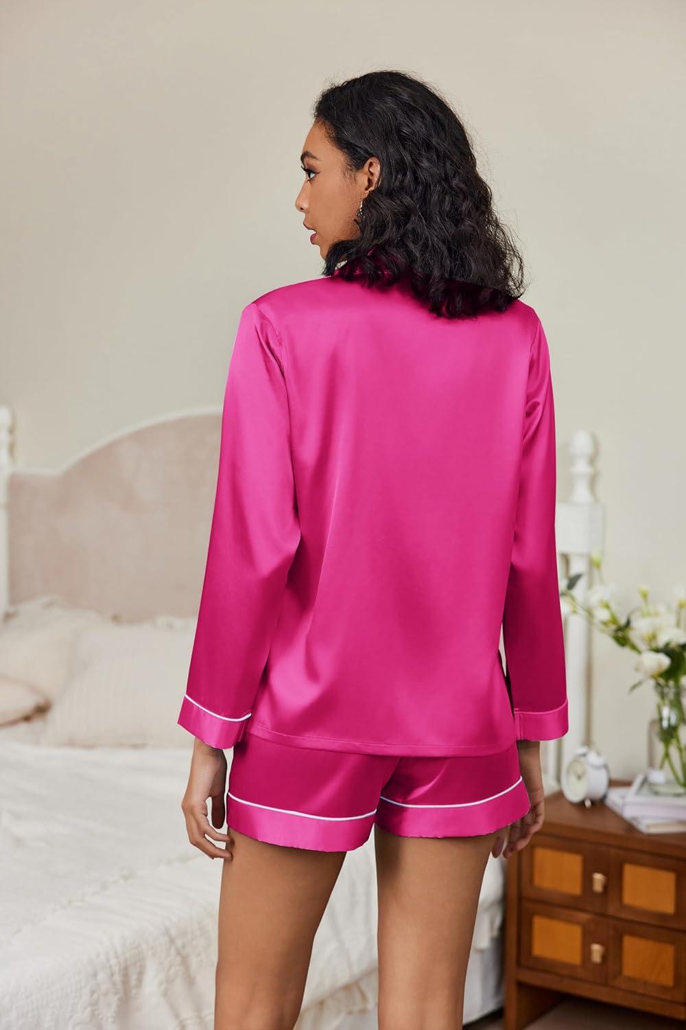 imageEkouaer Satin Pajama Set for Women Button Down Pj Set Long Sleeve Top and Shorts 2 Piece Loungewear Summer Soft SleepwearRose Red