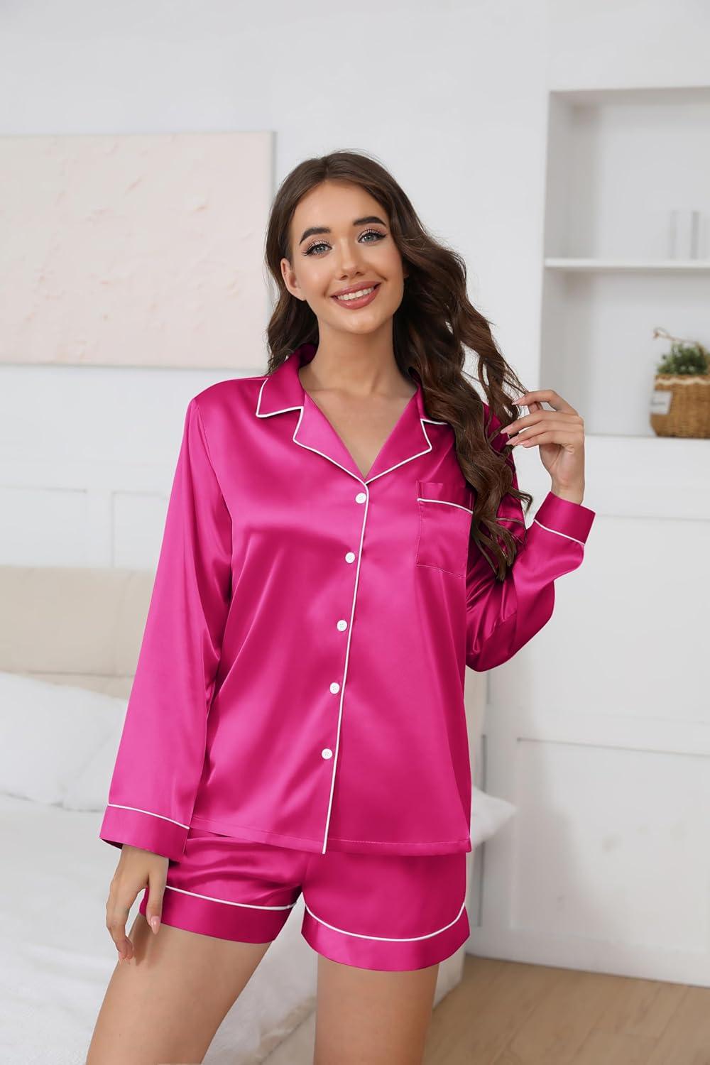 imageEkouaer Satin Pajama Set for Women Button Down Pj Set Long Sleeve Top and Shorts 2 Piece Loungewear Summer Soft SleepwearRose Red