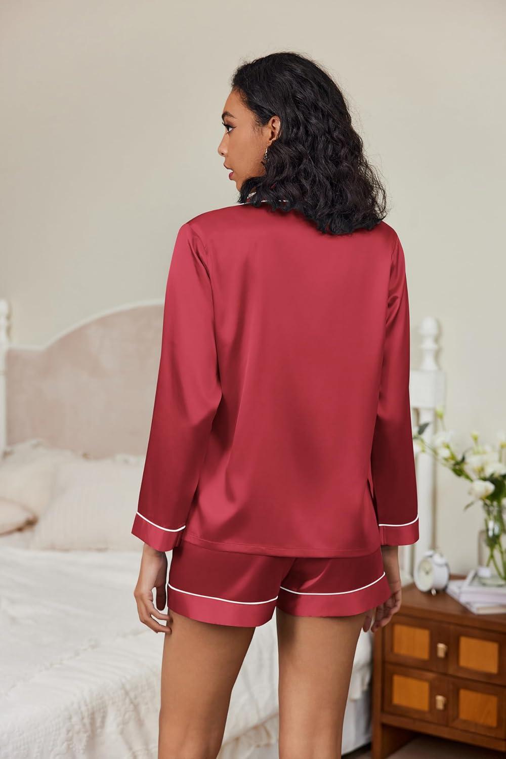 imageEkouaer Satin Pajama Set for Women Button Down Pj Set Long Sleeve Top and Shorts 2 Piece Loungewear Summer Soft SleepwearWine Red