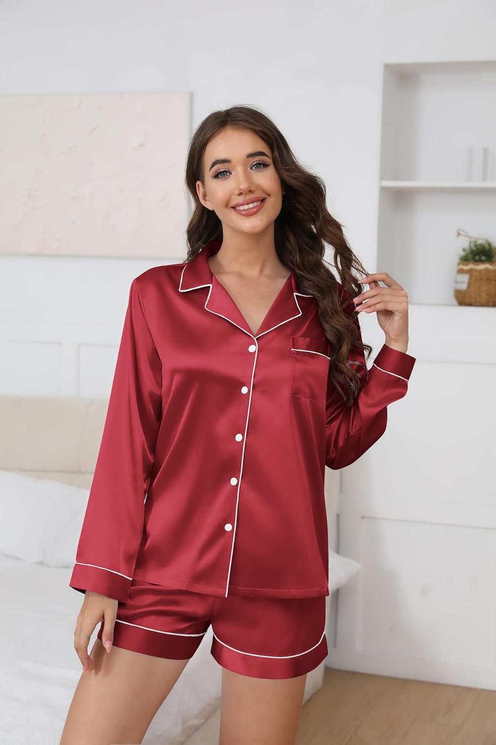 imageEkouaer Satin Pajama Set for Women Button Down Pj Set Long Sleeve Top and Shorts 2 Piece Loungewear Summer Soft SleepwearWine Red